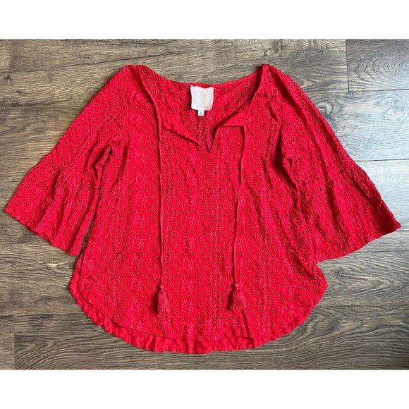 Johnny Was Tops - Women Johnny Was Jade Timbra eyelet lace-up blouse 3/4 flutter sleeve red size M